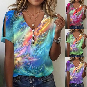 Women Casual Polyester V-Neck T-Shirt Tie Dye Abstract Print Cold Shoulder Top With Buttons Short Sleeve Summer Clothing