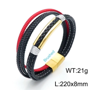 Detail shot of multi-layer leather bracelet with gold brushed magnetic clasp and red accents