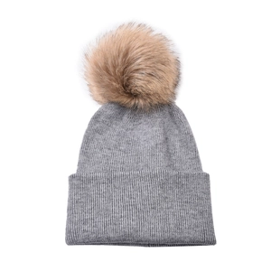 Winter knit baby beanie with large faux raccoon fur pom-pom and ribbed cuff in dark grey