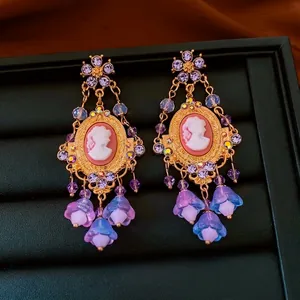 Baroque Cameo Portrait Dangle Earrings With Silver Earring Post Vintage Court Style Flower Tassel Rhinestone Luxury