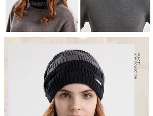 Detailed ribbed knit texture and brand label on a thick winter beanie and scarf set
