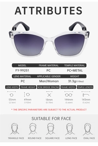 Detailed dimensions of transparent cat eye sunglasses with purple gradient lenses