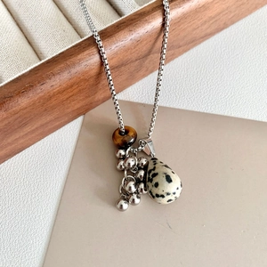 Tiger eye and dalmatian jasper stone pendant necklace on silver chain for women