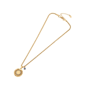 Golden twist chain necklace with round coin pendant and blue evil eye charm detail