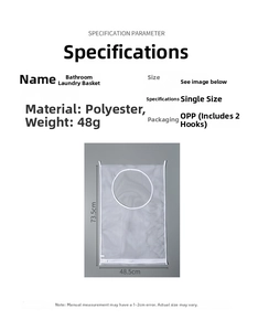 Detailed size chart of white mesh laundry bag with 73.5cm x 48.5cm dimensions