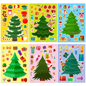 6-sheet set of DIY Christmas tree stickers featuring Santa, reindeer, and festive snowflake motifs