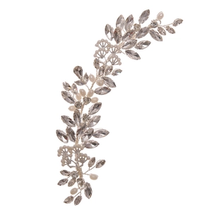 Silver bridal headband featuring braided rhinestones and white pearls in leaf design