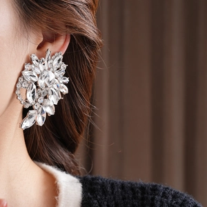 Close-up of a model wearing large silver cluster earrings with sparkling clear crystals