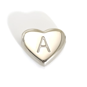 Polished heart-shaped stainless steel bead with letter A engraving on white background