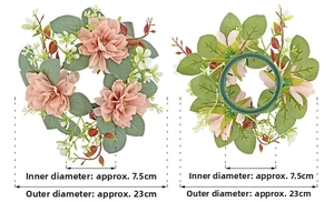 Front and back detail of pink dahlia candle wreath with 7.5cm inner diameter