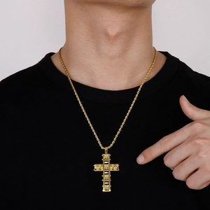 Gold stainless steel hip hop cross pendant with sandblasted texture on twisted chain