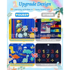 Close-up of upgraded 25-in-1 felt busy board with sticky puzzles and dinosaur patterns
