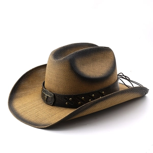 Vintage straw western cowboy hat with cattle head buckle and dark gradient brim edge
