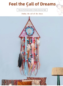 Detailed handcrafted triangular dreamcatcher with colorful feathers and beads for wall decor