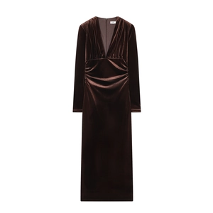 Elegant Velvet Long Sleeve Deep V Neck Ruched Bodycon Midi Dress Solid Color Slim Fit Party Clubwear For Women