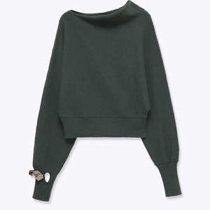Women Off Shoulder Knit Sweater Polyester Metal Ring Detail Long Sleeve Slim Fit Solid Color Casual Top
