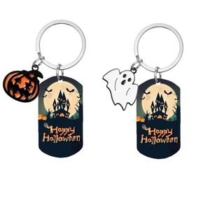 Halloween Keychain Stainless Steel Pumpkin Ghost Pendant Happy Halloween Castle Bat Print Holiday Party Gift Bag Accessory