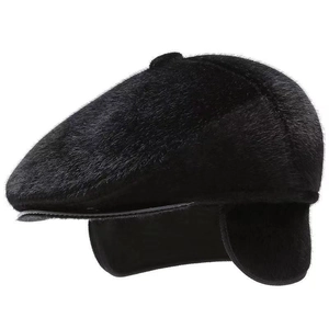 Men's winter black faux mink fur newsboy cap with warm fold-down ear protection