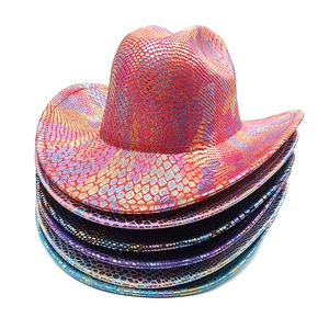 Colorful metallic snakeskin cowboy hats stacked in multi-color vibrant sequence