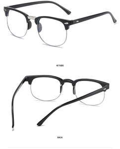 Detail shots of black half-rim eyewear showing the 45-degree side and back view