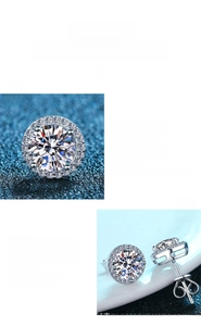 Macro detail of S925 sterling silver moissanite halo studs with classic German polishing