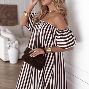 Close-up of a striped off-shoulder dress featuring elastic lantern sleeves and cotton texture