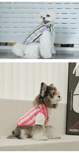 Close-up of quilted two-tone pet puffer vests with stand-up collar and zipper