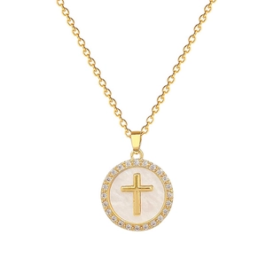 Elegant gold titanium steel cross necklace with white shell pendant and diamond halo