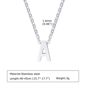 Detailed specs of stainless steel letter A necklace with 40-45cm chain length and 3g weight