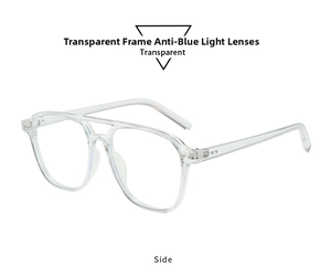 Detailed side view of transparent pilot glasses with blue light blocking lenses