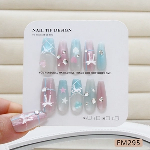 Handmade press-on nails featuring pastel blue and pink grid patterns with bow charms