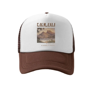 Vintage Tasmania landscape print trucker hat with brown mesh and adjustable snapback
