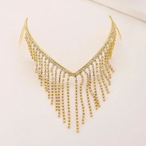 Sparkling gold fringe headband with crystal rhinestones shown from a top-down view
