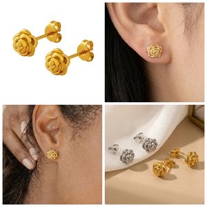 Detail showing 18k gold and silver rose earrings on models and in natural lighting