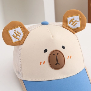 Kids summer mesh baseball cap with cartoon bear design and breathable blue brim