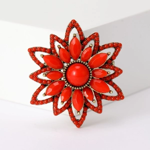 Vintage Turkish style red floral brooch made of alloy and resin for elegant attire