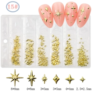 Detail of 3D gold star nail charms in six sizes with product dimensions and display