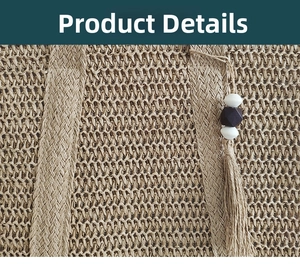 Detailed macro view of woven straw beach bag featuring tassel and wooden bead accents