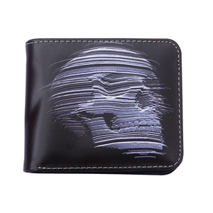 Men's bifold wallet in matte black leather with a vintage skull print design
