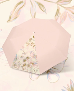Top view of pink folding umbrella featuring delicate butterfly and floral print patterns