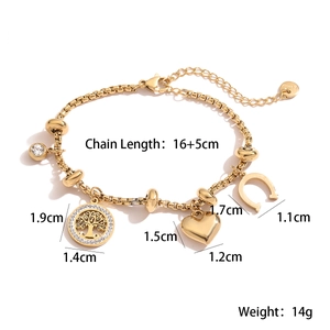 Detailed technical drawing of 18K gold-plated tree of life bracelet with size annotations