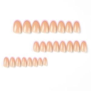 Pink French almond press-on nails with 24 pieces of various sizes on white backdrop