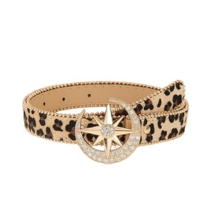 Leopard print belt with rhinestone star and moon buckle on a clean white background