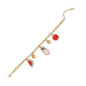 Gold stainless steel bracelet with colorful enamel fruit charms including watermelon and apple