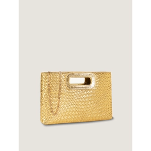 Detail shot of golden woven texture clutch bag with metallic handle and chain strap