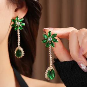 Vintage green zircon flower teardrop earrings with elegant gold plating for women