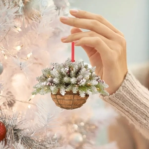 Detailed view of creative acrylic Christmas flower basket ornament hanging on a festive tree