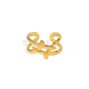 Minimalist gold stainless steel open ring with abstract interlaced geometric lines