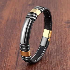 Men Stainless Steel Leather Bracelet Braided Woven Cord With Magnetic Buckle Retro Punk Hip Hop Jewelry For Male