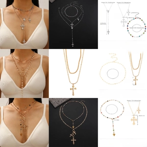 Detailed size chart and multi-layer alloy cross pendant necklace design specifications